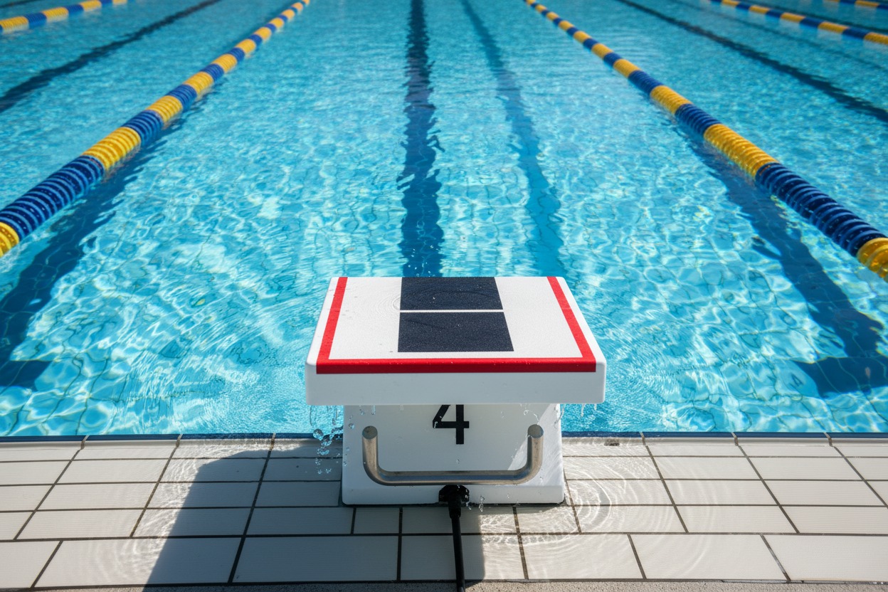 A swimming pool starting block marked with the number four sits at the edge of a lane with blue and yellow lane markers.